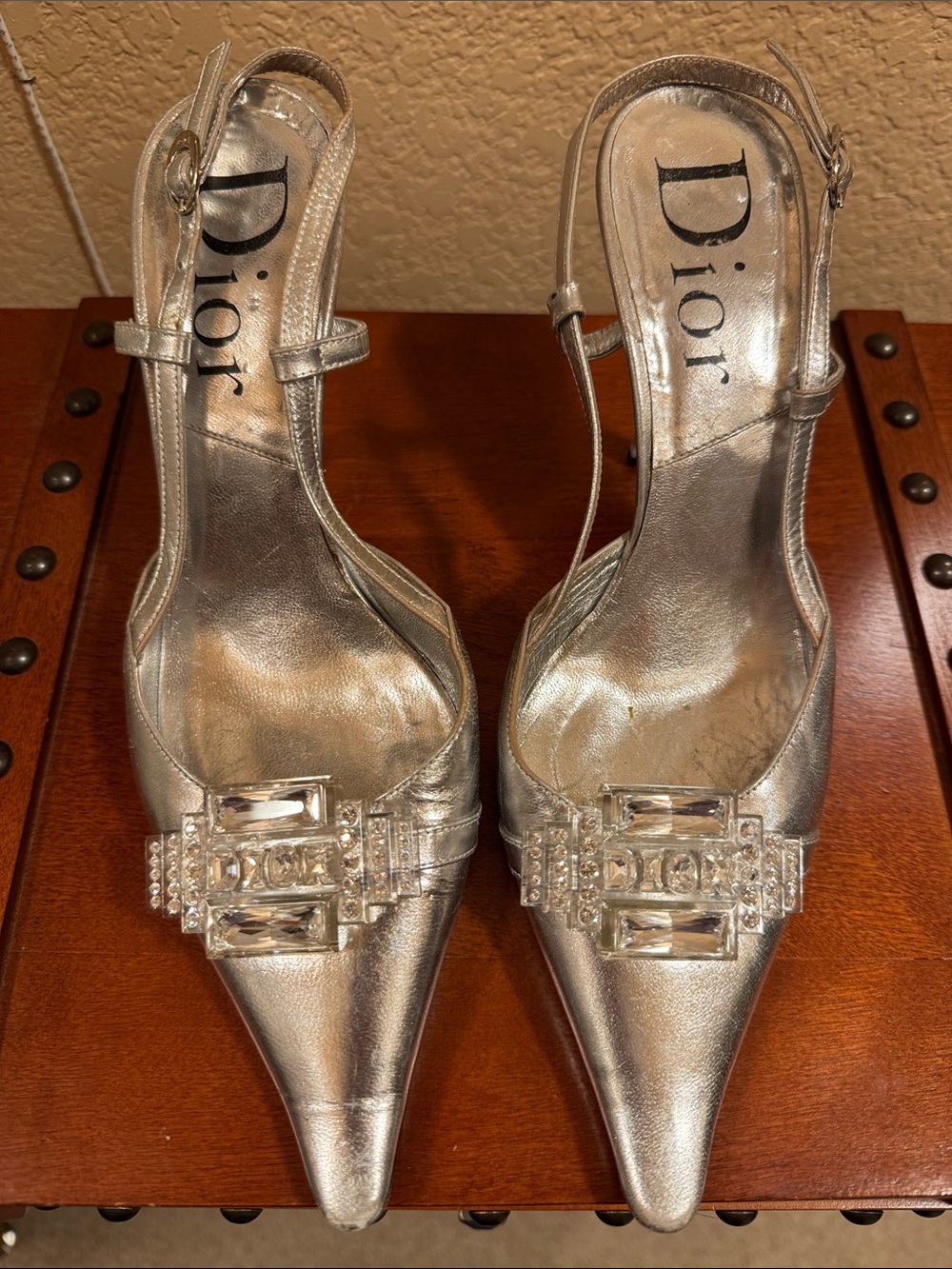 Dior Silver Crystal-Buckle Pointed Slingback Heels